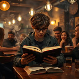 A teenager reading a book in a smoky atmosphere surrounded by people who are smoking