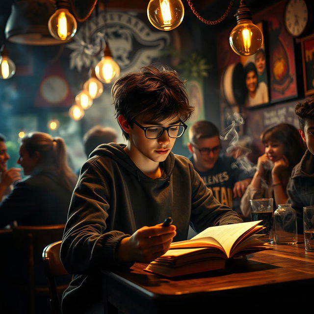A teenager reading a book in a smoky atmosphere surrounded by people who are smoking