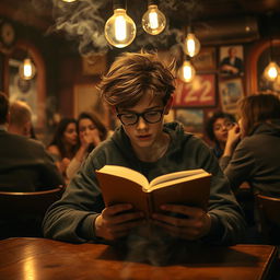 A teenager reading a book in a smoky atmosphere surrounded by people who are smoking