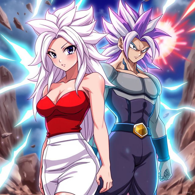 An anime scene featuring Vayla, a sexy, strong, and calm female Saiyan with beautiful silver-pink hair and captivating violet eyes