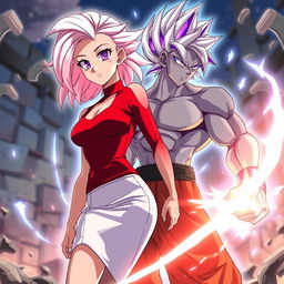 An anime scene featuring Vayla, a sexy, strong, and calm female Saiyan with beautiful silver-pink hair and captivating violet eyes