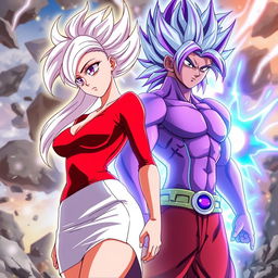 An anime scene featuring Vayla, a sexy, strong, and calm female Saiyan with beautiful silver-pink hair and captivating violet eyes