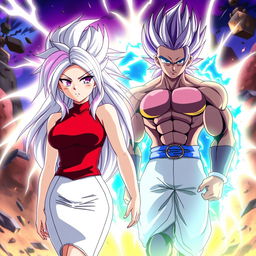 An anime scene featuring Vayla, a sexy, strong, and calm female Saiyan with beautiful silver-pink hair and captivating violet eyes