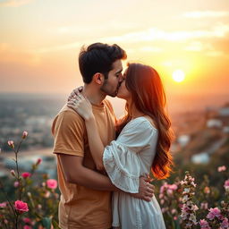 A heartfelt scene portraying a 20-year-old Palestinian boy and an Israeli girl sharing a warm embrace and tender kiss