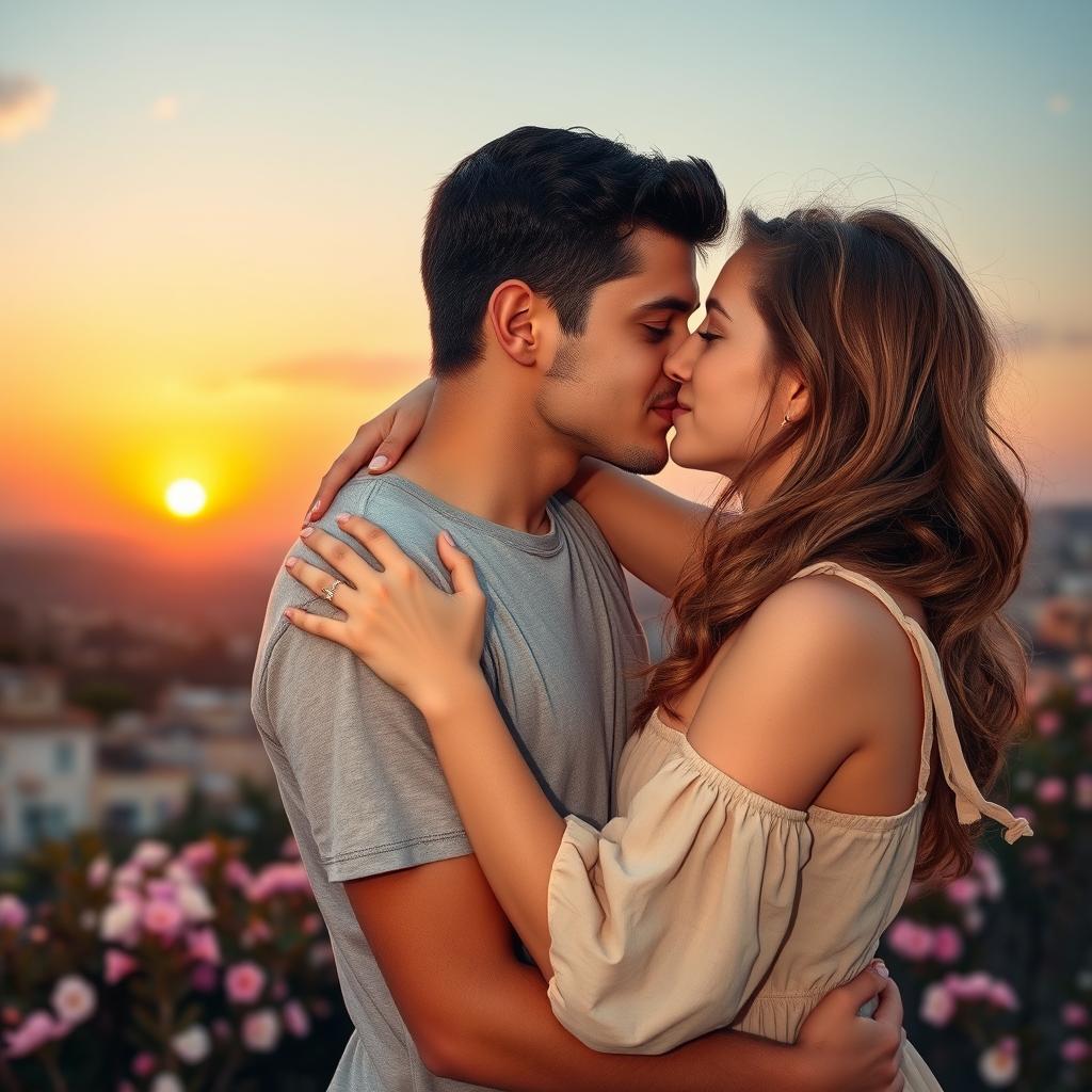 A heartfelt scene portraying a 20-year-old Palestinian boy and an Israeli girl sharing a warm embrace and tender kiss