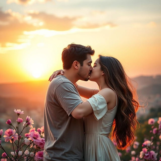 A heartfelt scene portraying a 20-year-old Palestinian boy and an Israeli girl sharing a warm embrace and tender kiss