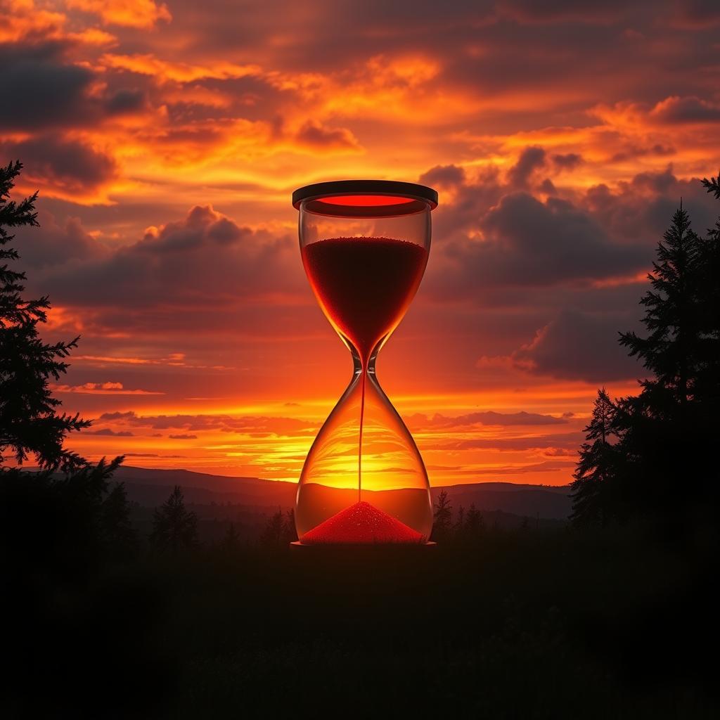 A dramatic scene depicting a vibrant sunset over a serene landscape, with a large hourglass at the center