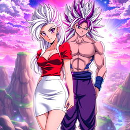 An anime scene showcasing Vayla, a sexy, strong, and calm female Saiyan with mesmerizing silver-pink hair and vibrant violet eyes