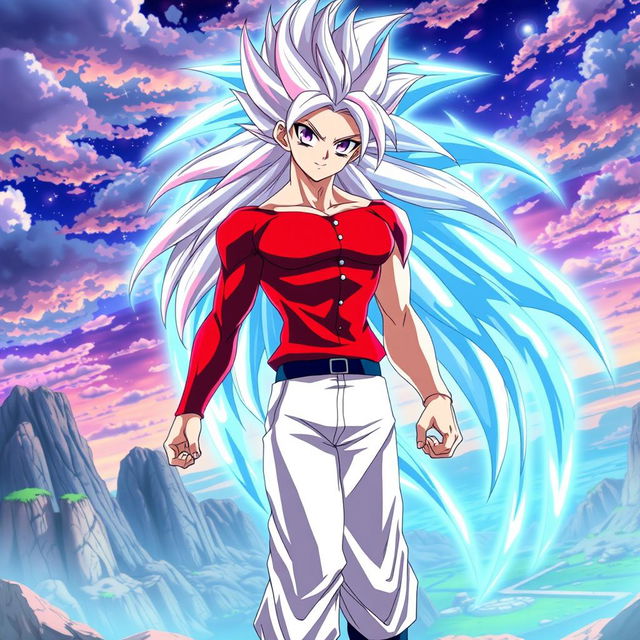 An anime scene showcasing Vayla, a sexy, strong, and calm female Saiyan with mesmerizing silver-pink hair and vibrant violet eyes