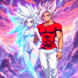An anime scene showcasing Vayla, a sexy, strong, and calm female Saiyan with mesmerizing silver-pink hair and vibrant violet eyes