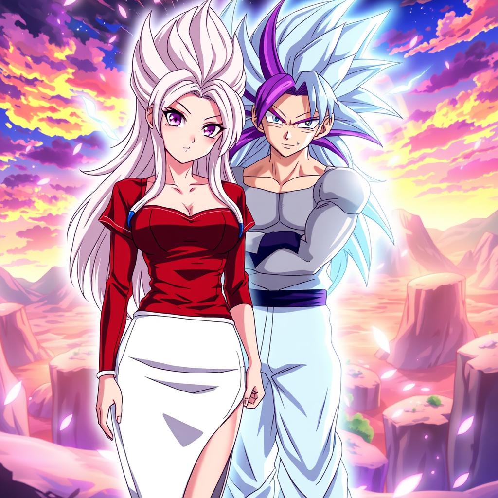 An anime scene showcasing Vayla, a sexy, strong, and calm female Saiyan with mesmerizing silver-pink hair and vibrant violet eyes