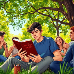 A teenage book reader sitting in a park, engrossed in a novel