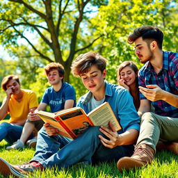 A teenage book reader sitting in a park, engrossed in a novel