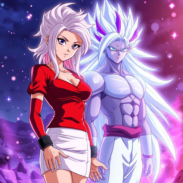 An anime scene featuring Vayla, a sexy, strong, and calm female Saiyan with gorgeous silver-pink hair and mesmerizing violet eyes