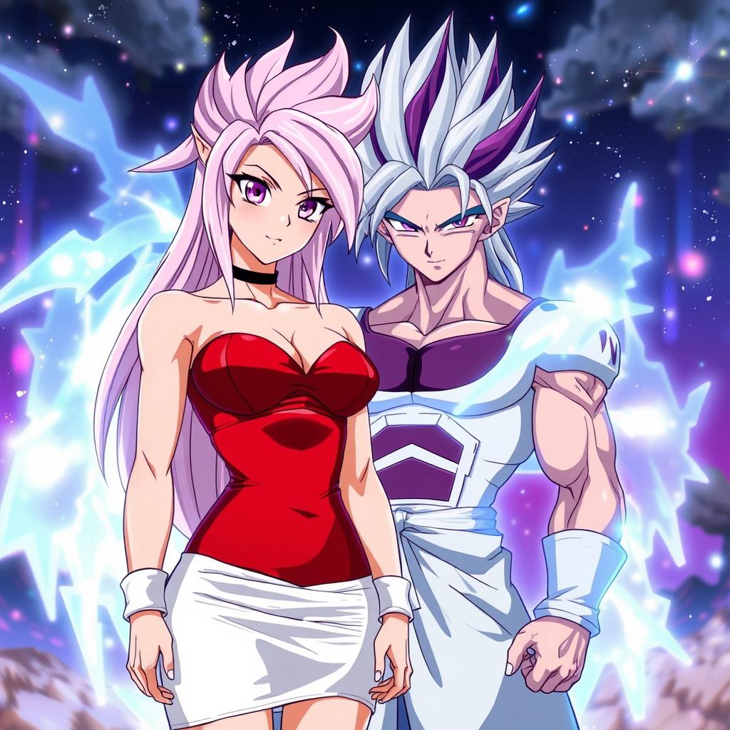 An anime scene featuring Vayla, a sexy, strong, and calm female Saiyan with gorgeous silver-pink hair and mesmerizing violet eyes