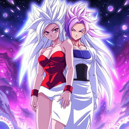 An anime scene featuring Vayla, a sexy, strong, and calm female Saiyan with gorgeous silver-pink hair and mesmerizing violet eyes