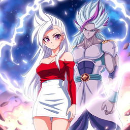 An anime scene featuring Vayla, a sexy, strong, and calm female Saiyan with gorgeous silver-pink hair and mesmerizing violet eyes