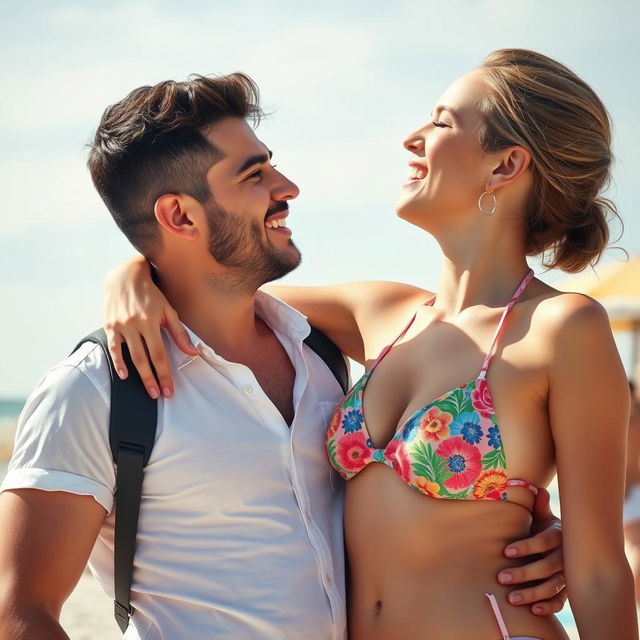 A heartfelt scene of a 20-year-old Palestinian man with a warm expression, embracing and kissing an Israeli woman in a colorful bikini