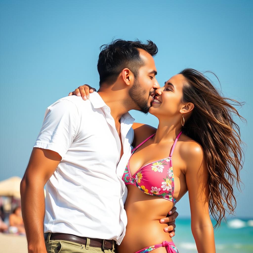 A heartfelt scene of a 20-year-old Palestinian man with a warm expression, embracing and kissing an Israeli woman in a colorful bikini
