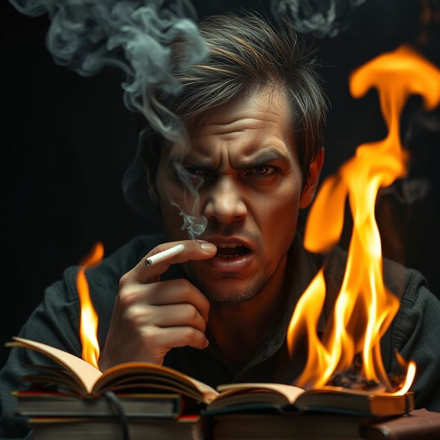 A frustrated person with an anxious expression, angrily puffing on a cigarette while setting books on fire with the smoke