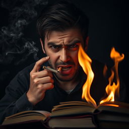A frustrated person with an anxious expression, angrily puffing on a cigarette while setting books on fire with the smoke