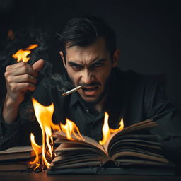 A frustrated person with an anxious expression, angrily puffing on a cigarette while setting books on fire with the smoke
