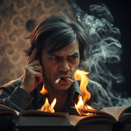 A frustrated person with an anxious expression, angrily puffing on a cigarette while setting books on fire with the smoke
