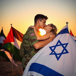 A heartwarming scene depicting a young Palestinian soldier and an Israeli individual embracing in a moment of peace and unity, surrounded by a backdrop of flags from both Palestine and Israel gracefully blending together