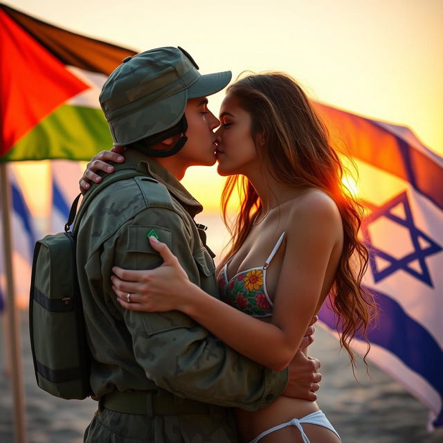 A heartwarming scene depicting a young Palestinian soldier and an Israeli individual embracing in a moment of peace and unity, surrounded by a backdrop of flags from both Palestine and Israel gracefully blending together