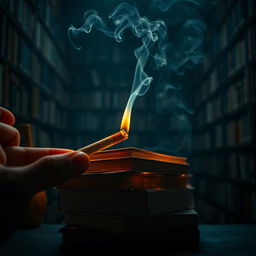 An artistic representation of a smoking cigarette that causes books to burn
