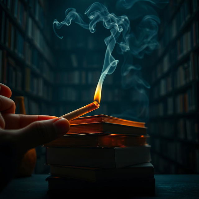An artistic representation of a smoking cigarette that causes books to burn