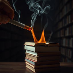 An artistic representation of a smoking cigarette that causes books to burn