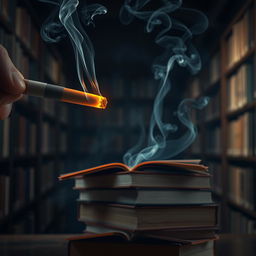 An artistic representation of a smoking cigarette that causes books to burn