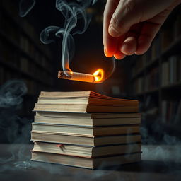 An artistic representation of a smoking cigarette that causes books to burn