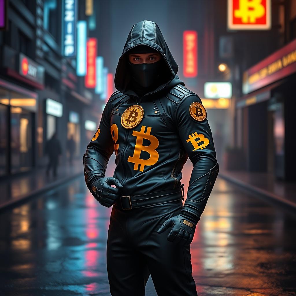 A person dressed in a sleek, futuristic ninja suit inspired by Bitcoin, with bold, golden Bitcoin logos integrated into the design of the outfit