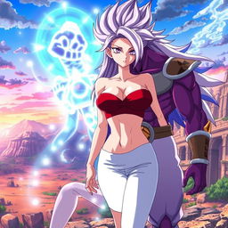 An anime scene featuring Vayla, a sexy and strong female Saiyan with an alluring figure, including prominent curves