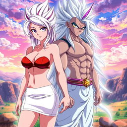 An anime scene featuring Vayla, a sexy and strong female Saiyan with an alluring figure, including prominent curves