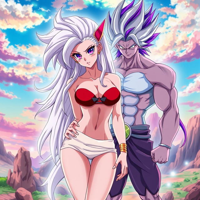 An anime scene featuring Vayla, a sexy and strong female Saiyan with an alluring figure, including prominent curves