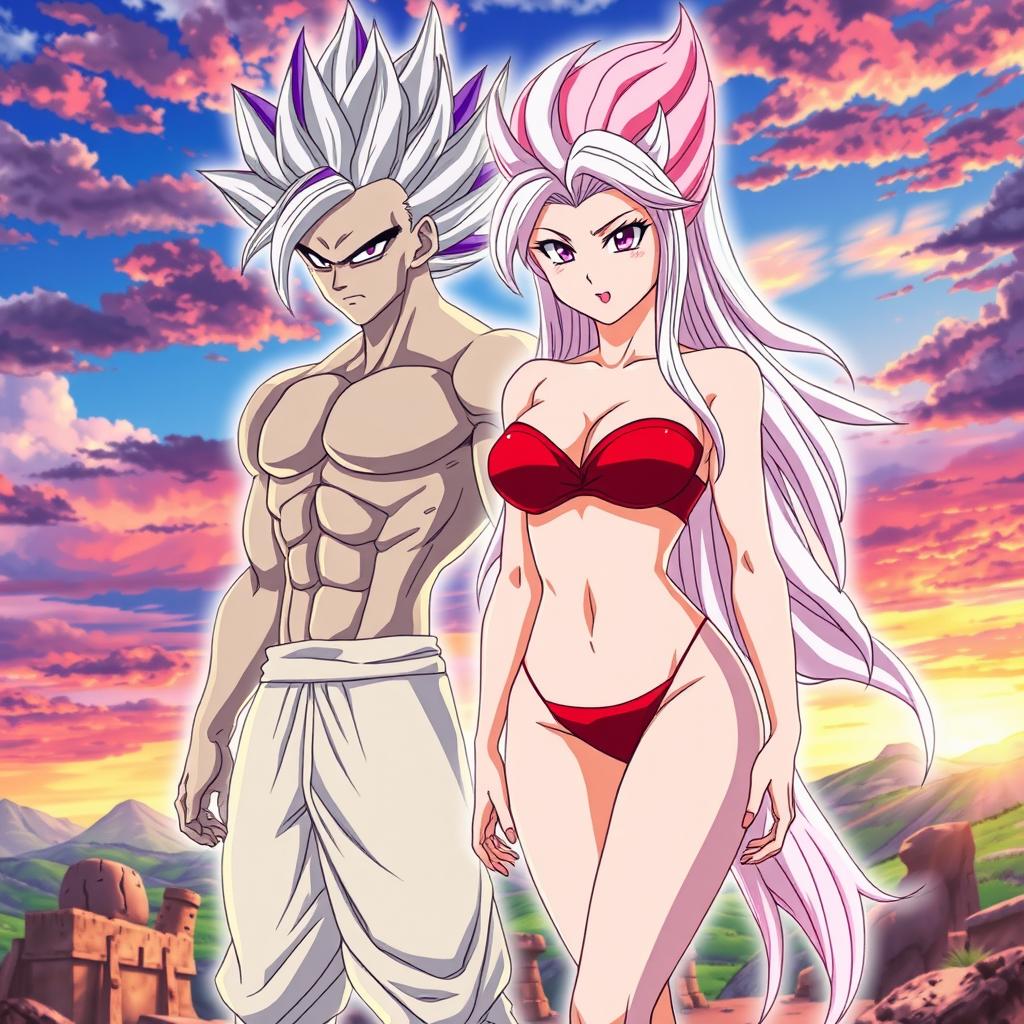 An anime scene featuring Vayla, a sexy and strong female Saiyan with an alluring figure, including prominent curves