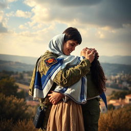 A dramatic scene depicting a Palestinian soldier engaging affectionately with an Israeli girl, showing a warm embrace, surrounded by a backdrop of a peaceful landscape representing hope and reconciliation