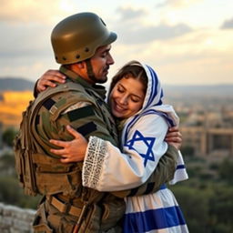 A dramatic scene depicting a Palestinian soldier engaging affectionately with an Israeli girl, showing a warm embrace, surrounded by a backdrop of a peaceful landscape representing hope and reconciliation