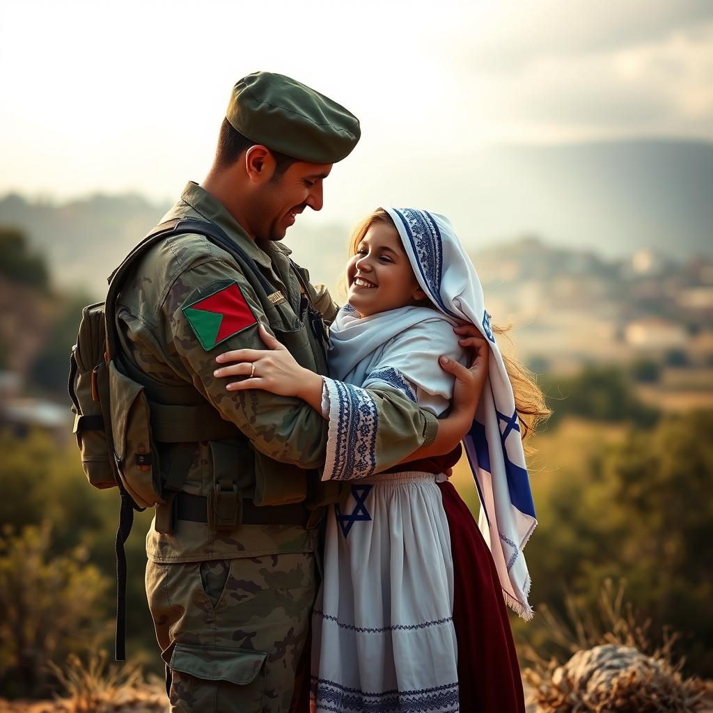 A dramatic scene depicting a Palestinian soldier engaging affectionately with an Israeli girl, showing a warm embrace, surrounded by a backdrop of a peaceful landscape representing hope and reconciliation