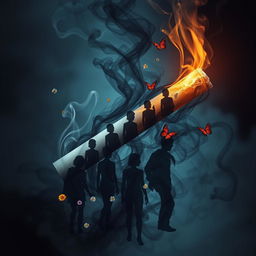 A symbolic representation of a cigarette, intricately designed to appear large and overpowering, surrounded by dark, swirling smoke that takes the shape of shadowy figures representing troubled teenagers