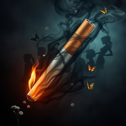 A symbolic representation of a cigarette, intricately designed to appear large and overpowering, surrounded by dark, swirling smoke that takes the shape of shadowy figures representing troubled teenagers