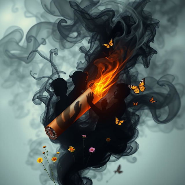 A symbolic representation of a cigarette, intricately designed to appear large and overpowering, surrounded by dark, swirling smoke that takes the shape of shadowy figures representing troubled teenagers