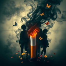A symbolic representation of a cigarette, intricately designed to appear large and overpowering, surrounded by dark, swirling smoke that takes the shape of shadowy figures representing troubled teenagers