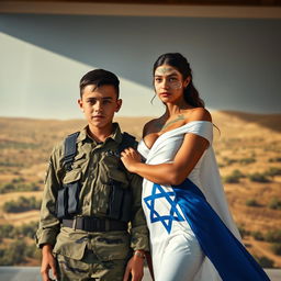 A symbolic representation showing a young boy in military attire, standing with a background that represents the landscape of Palestine