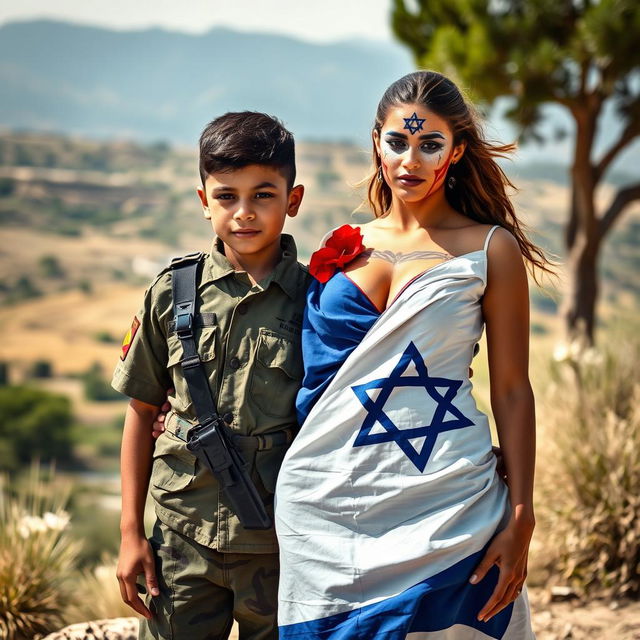 A symbolic representation showing a young boy in military attire, standing with a background that represents the landscape of Palestine