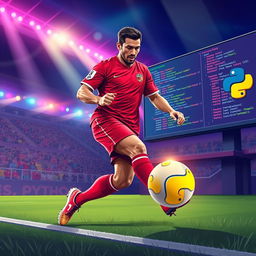 A vibrant and imaginative illustration depicting the fusion of football and Python programming