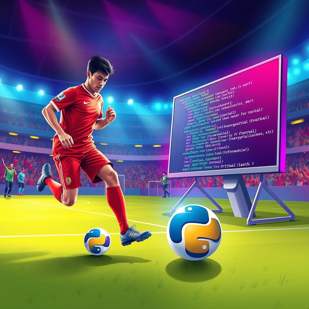 A vibrant and imaginative illustration depicting the fusion of football and Python programming